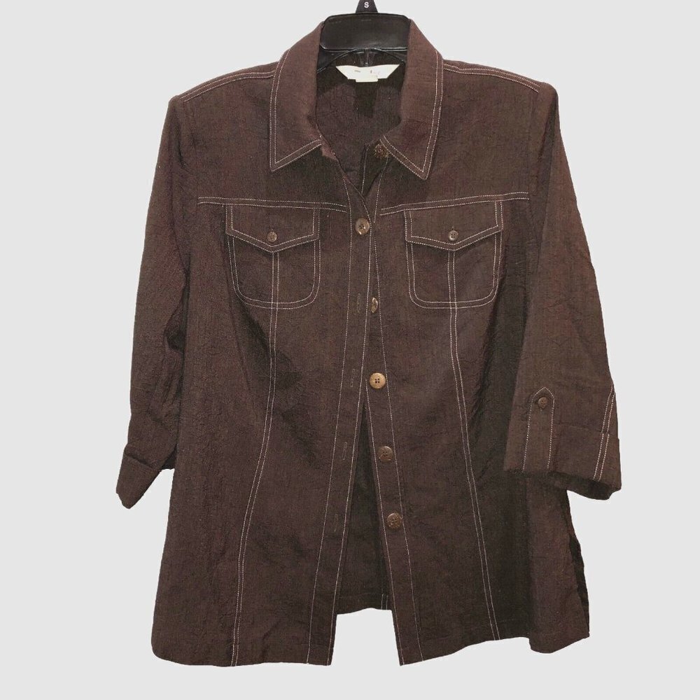 VTG TanJay Womens 12 Brown 3/4 Roll Tab Sleeve Button Polyester Pockets Jacket